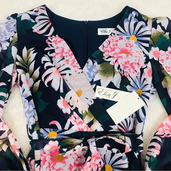 ELIZA‎ J Floral Long Sleeve Maxi Dress Chiffon Faux Wrap Navy Blue Pink Sz 8 New - Picture 3 of 11